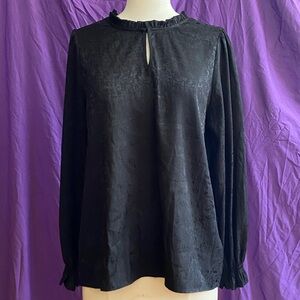 Chenault Black Relaxed Blouse with Mandarin Ruffle Keyhole Collar. Size M.